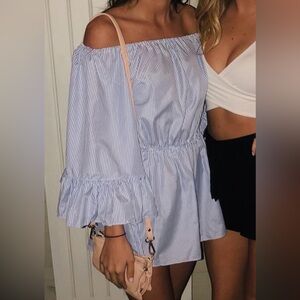 Main Strip Blue Off-Shoulder Romper